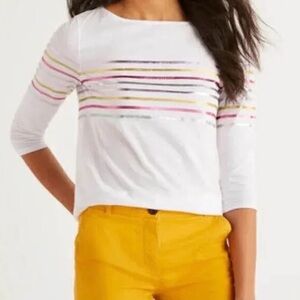 Boden White Top with Multicolor Foil Stripes